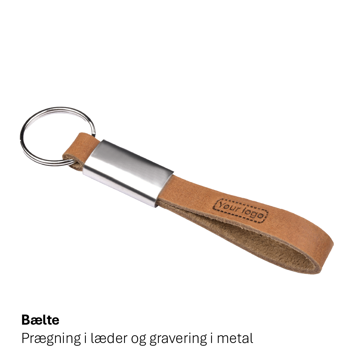 Lædervedhæng model Bælte fra Skomø – præget i læder med elegant metalfinish.